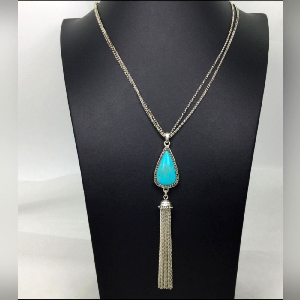 Lucky Brand Faux Turquoise Tassel Necklace 20"